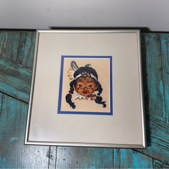 Petit Point Framed Wall Art, Native American Girl, Needlepoint - Picture 2 of 11